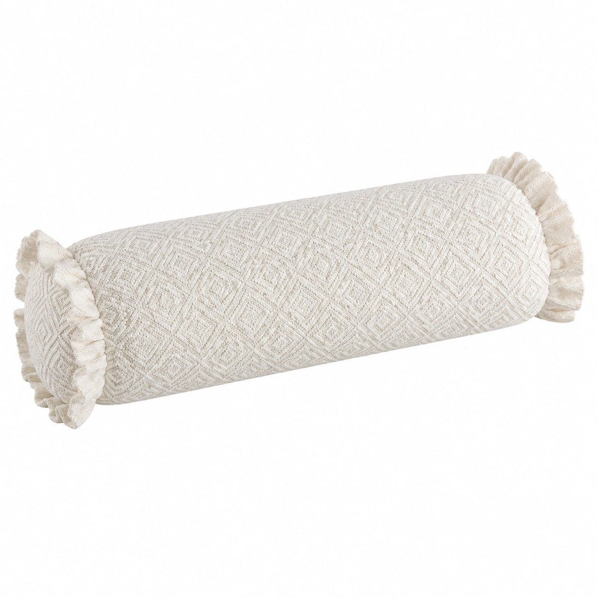 Cuscino cilindrico 50 cm x 20 cm in tessuto crema con volant decorativo