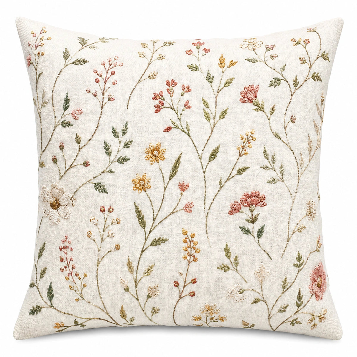 Cuscino decorativo 45 x 45 cm in tessuto avorio con fiori ricamati stile botanico