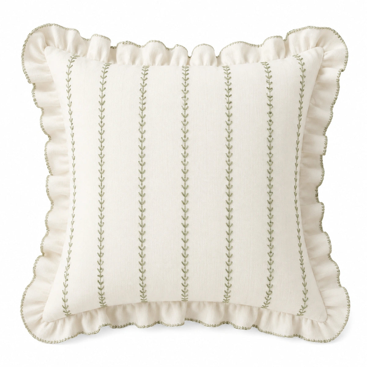Cuscino decorativo 45 x 45 cm in tessuto bianco con ricamo verde e volant