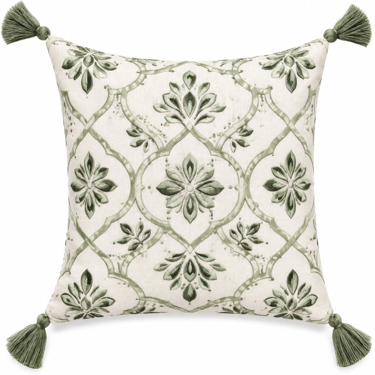 Cuscino decorativo quadrato 45 x 45 cm in tessuto beige e verde con motivo floreale e nappine