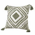 Cuscino decorativo 45 x 45 cm in tessuto bianco e verde salvia con nappine stile boho