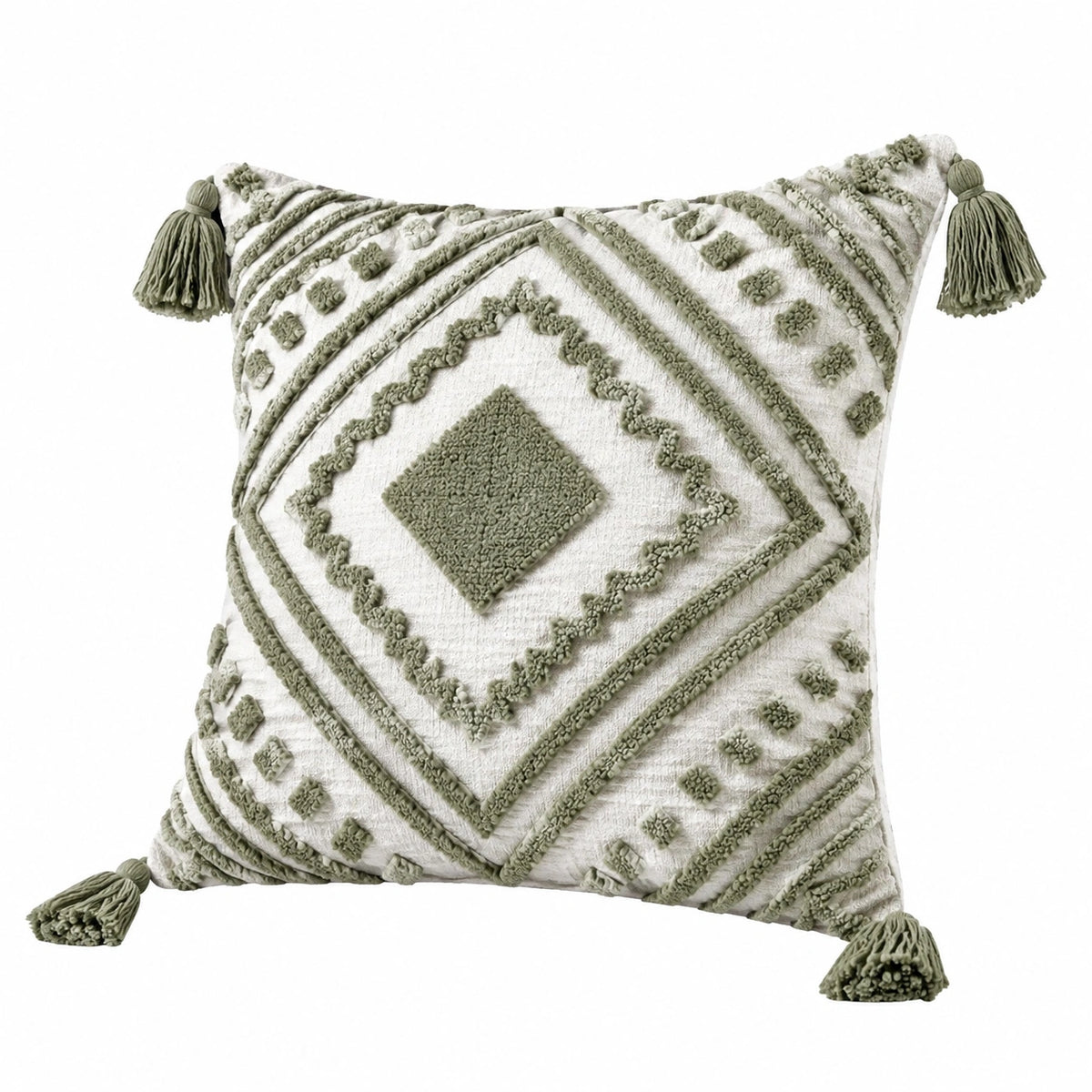 Cuscino decorativo 45 x 45 cm in tessuto bianco e verde salvia con nappine stile boho