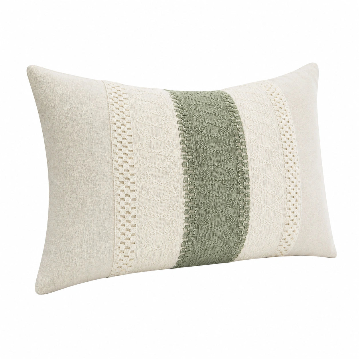 Cuscino decorativo 50 x 30 cm in tessuto verde salvia e avorio stile boho