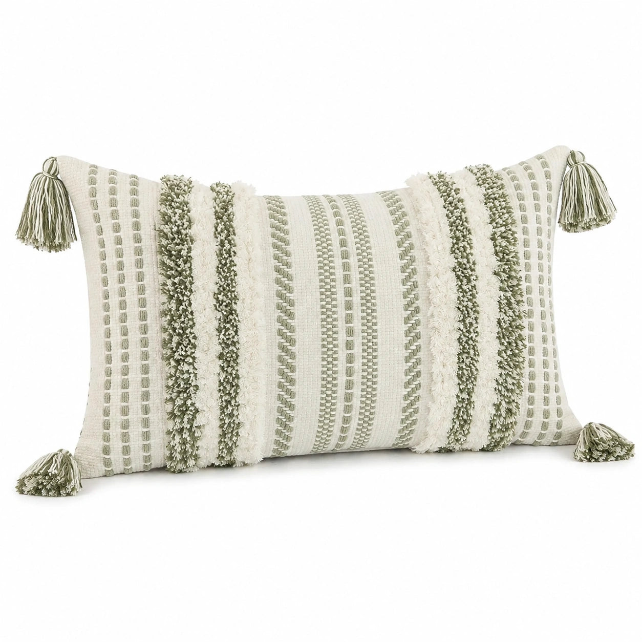 Cuscino decorativo 50 x 30 cm in tessuto avorio e verde salvia con nappe stile boho