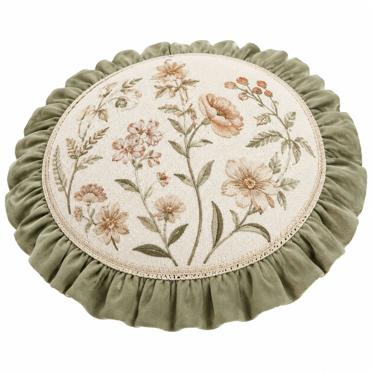 Cuscino decorativo rotondo 45 cm in tessuto verde salvia con ricamo floreale stile romantico