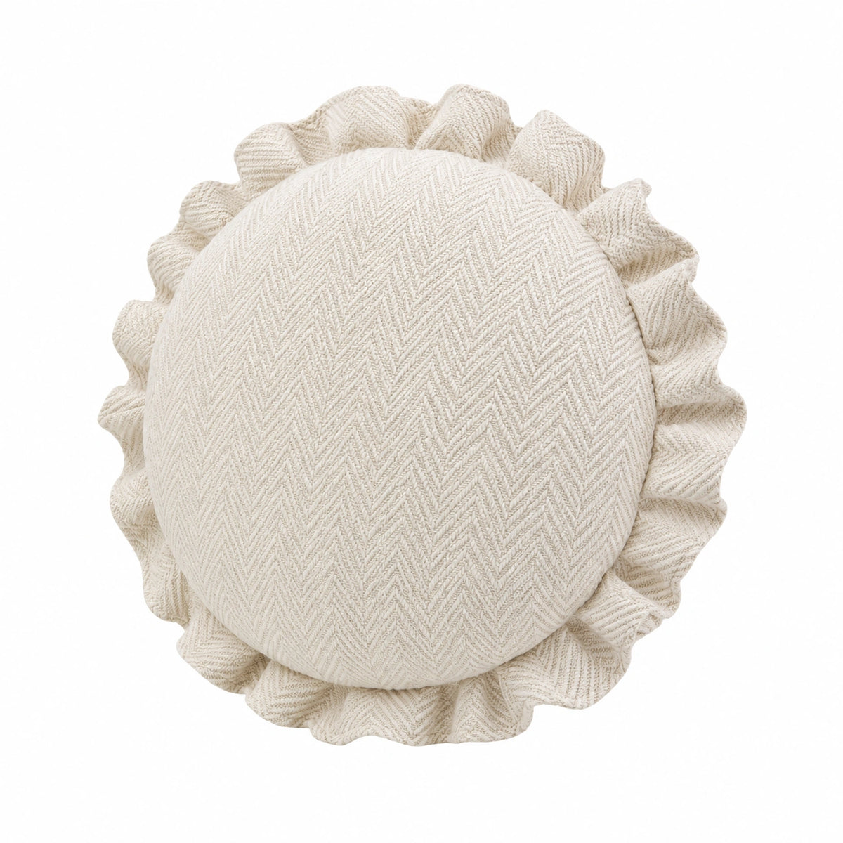 Cuscino decorativo rotondo 45 cm in tessuto color avorio con volant