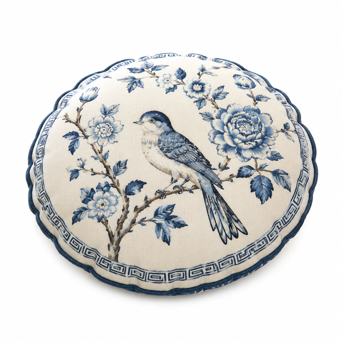 Cuscino decorativo rotondo 45 cm in tessuto beige e blu con motivo floreale e uccello