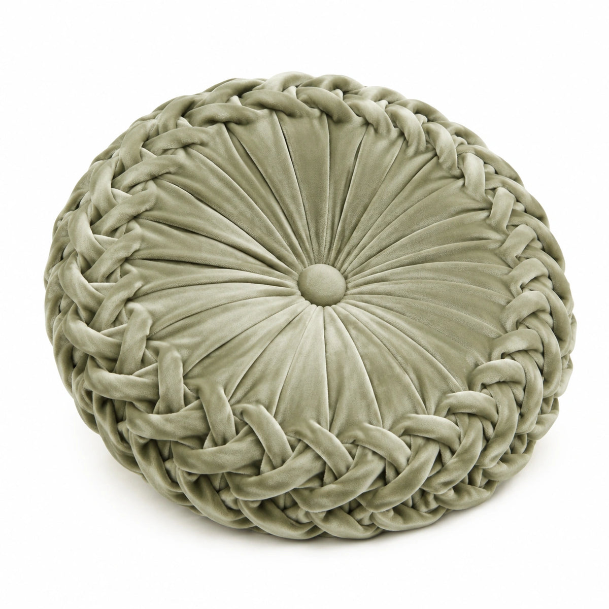 Cuscino decorativo rotondo 45 cm in velluto verde salvia stile bohémien