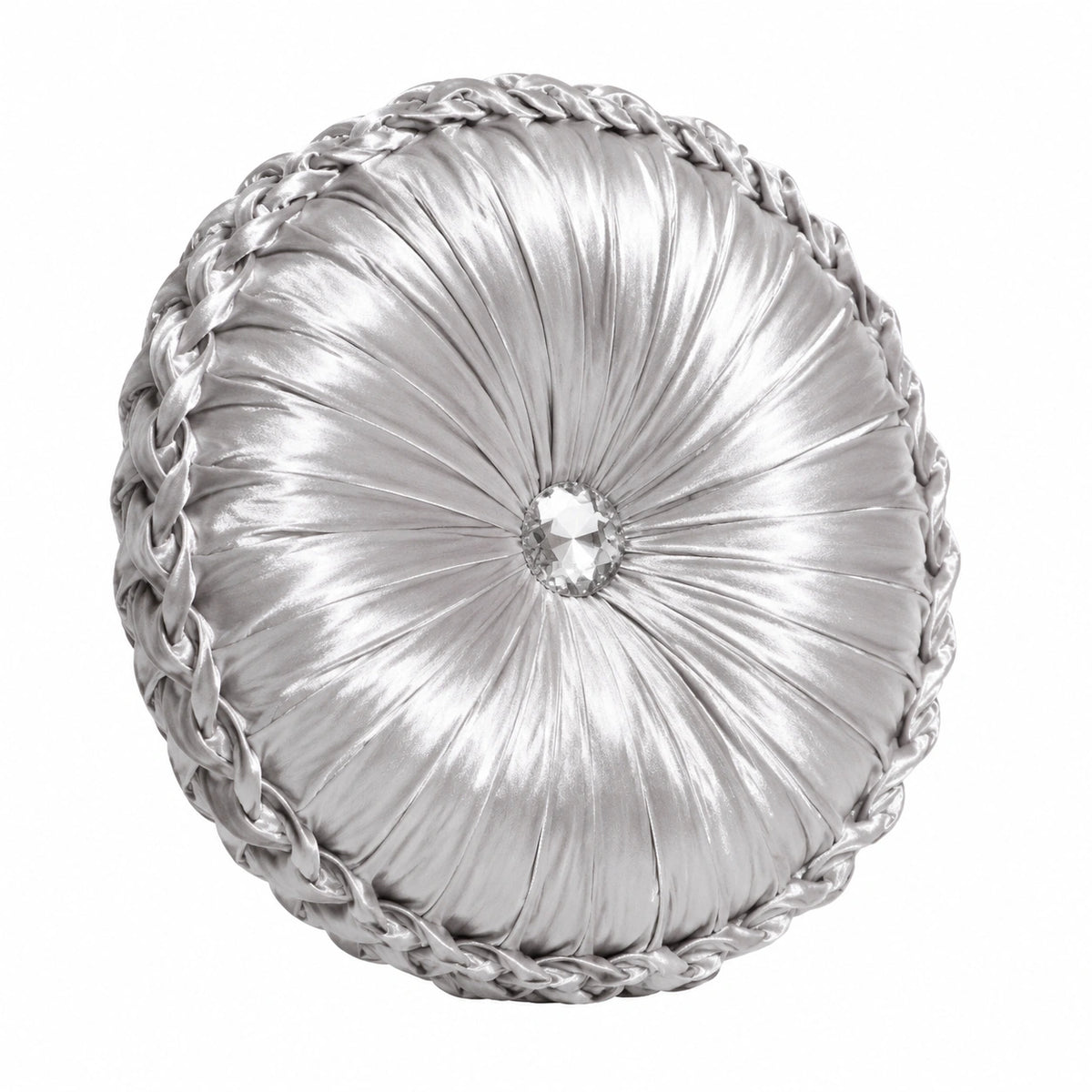 Cuscino decorativo rotondo 40 cm in tessuto satinato argento con bordo intrecciato